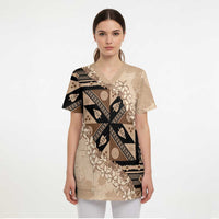 Bula Fiji Plumeria Tagimoucia Salusalu Beige Scrub Top Kaiviti Masi LT7 - Polynesian Pride