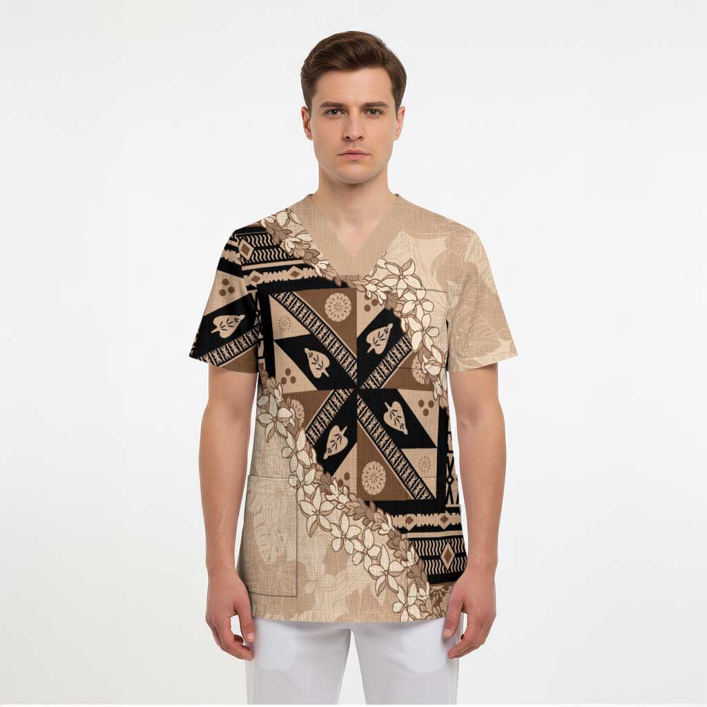Bula Fiji Plumeria Tagimoucia Salusalu Beige Scrub Top Kaiviti Masi LT7 - Polynesian Pride