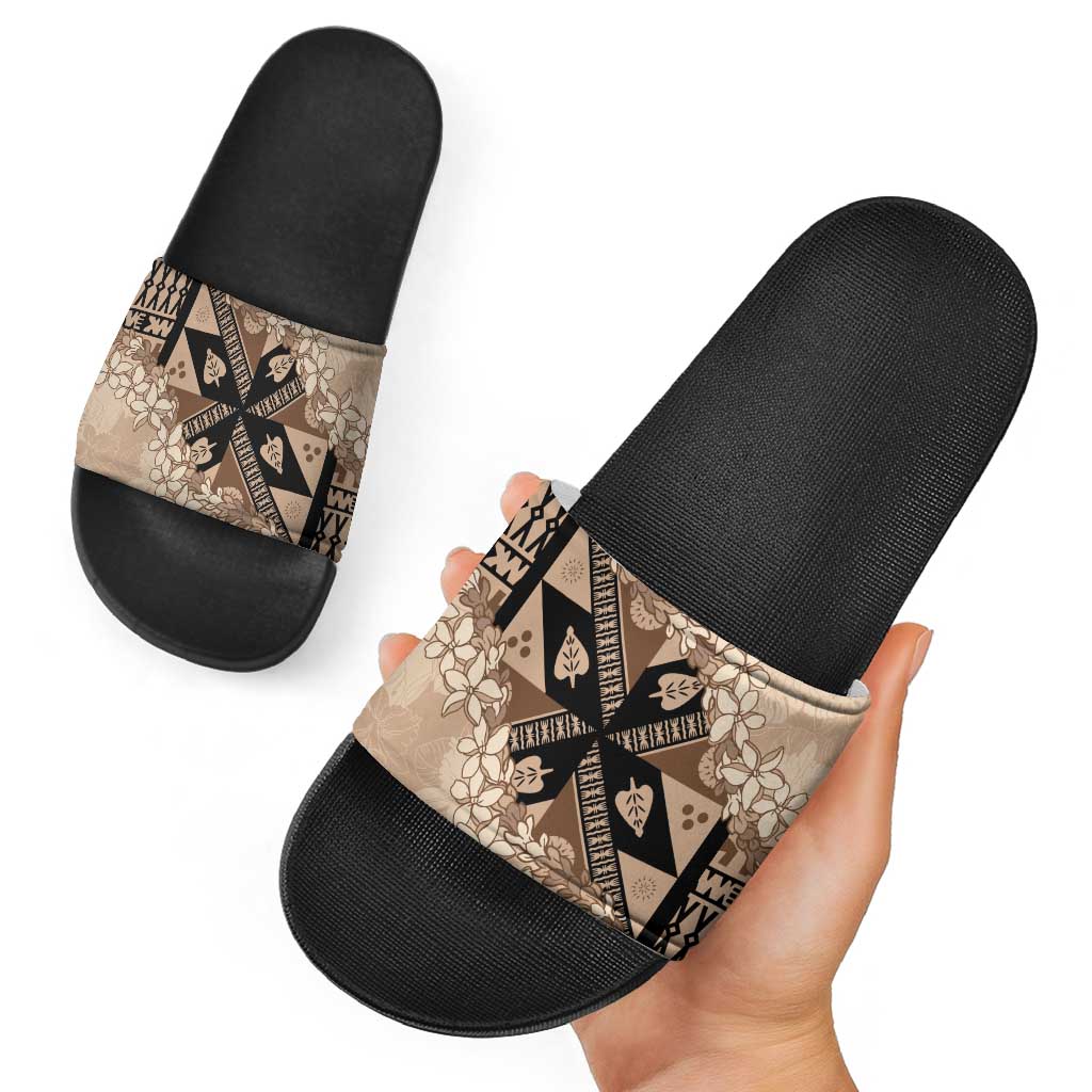 Bula Fiji Plumeria Tagimoucia Salusalu Beige Slide Sandals Kaiviti Masi LT7 - Polynesian Pride