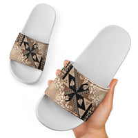 Bula Fiji Plumeria Tagimoucia Salusalu Beige Slide Sandals Kaiviti Masi LT7 - Polynesian Pride