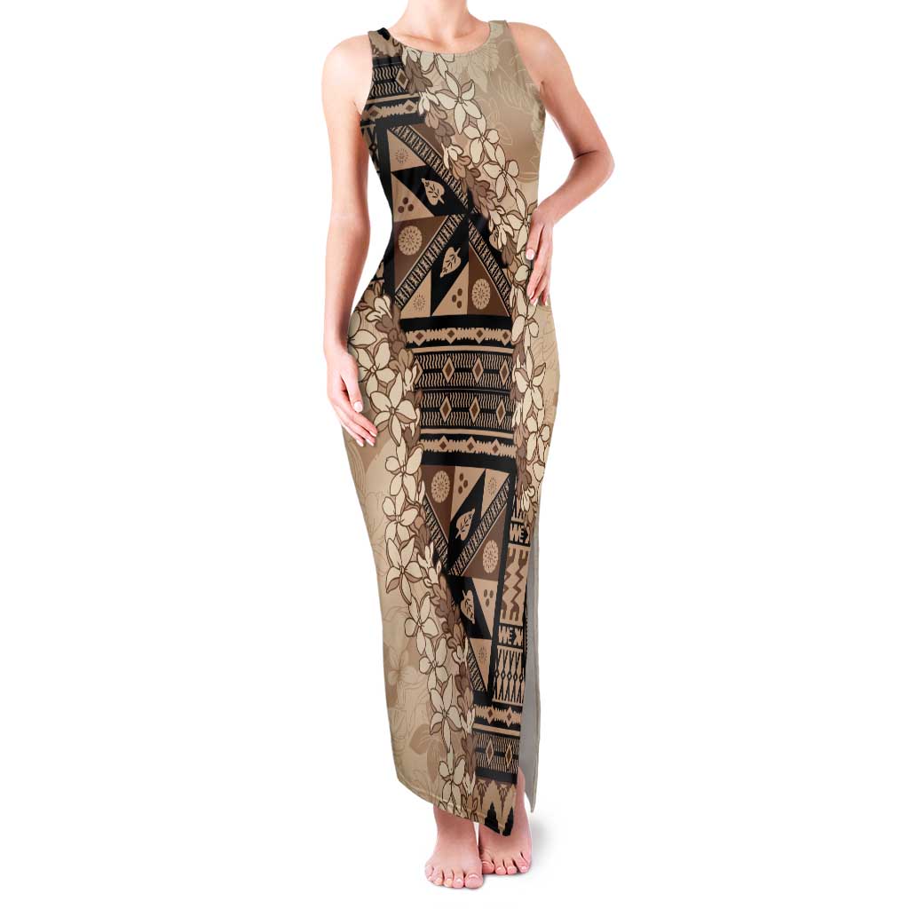 Bula Fiji Plumeria Tagimoucia Salusalu Beige Tank Maxi Dress Kaiviti Masi LT7 Women Beige - Polynesian Pride