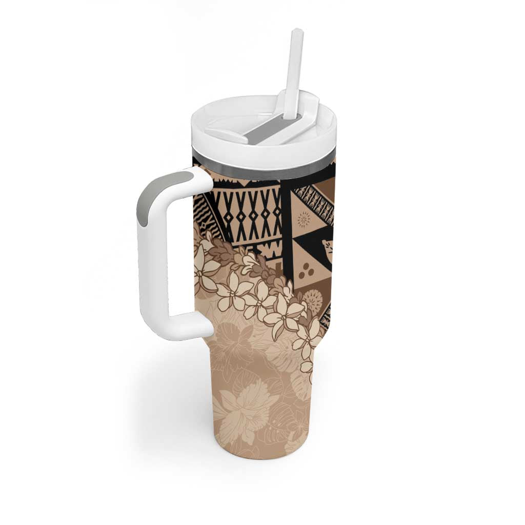 Bula Fiji Plumeria Tagimoucia Salusalu Beige Tumbler With Handle Kaiviti Masi LT7 - Polynesian Pride