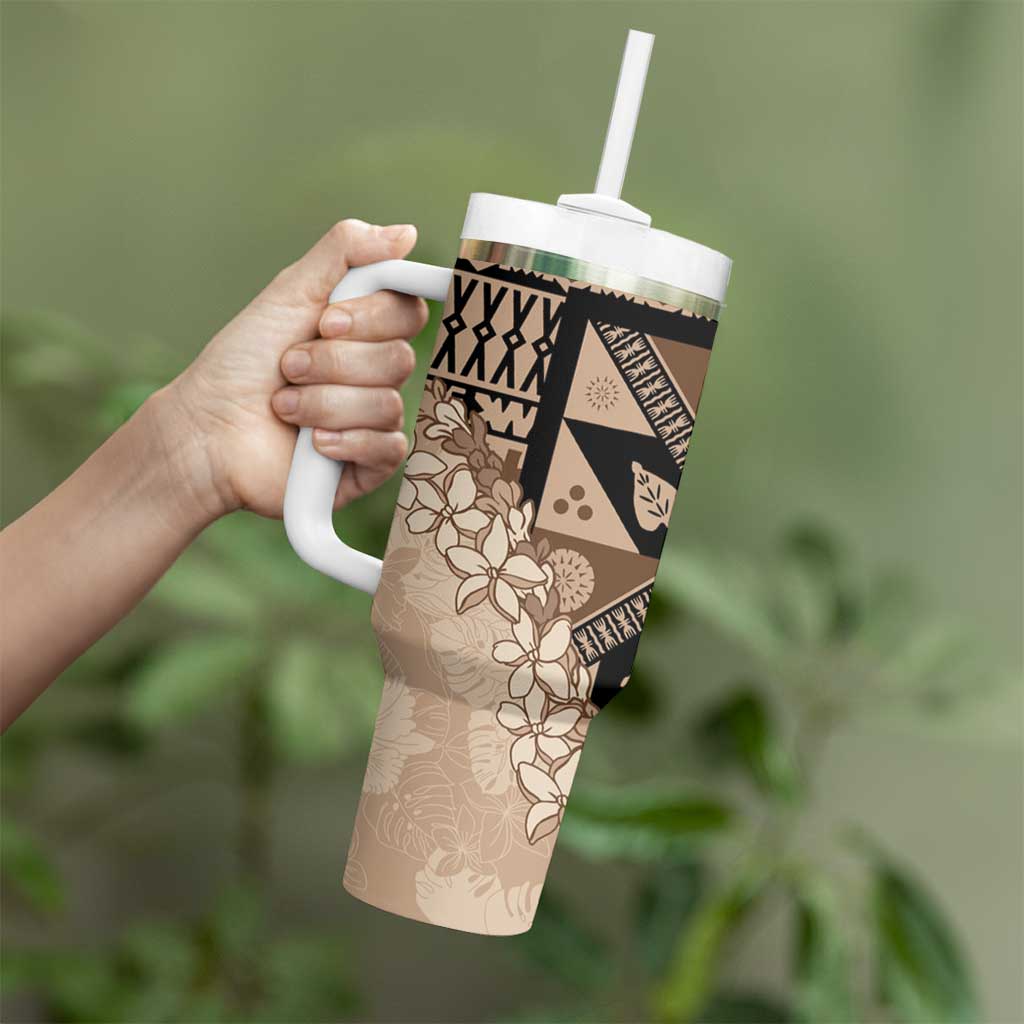 Bula Fiji Plumeria Tagimoucia Salusalu Beige Tumbler With Handle Kaiviti Masi LT7 - Polynesian Pride