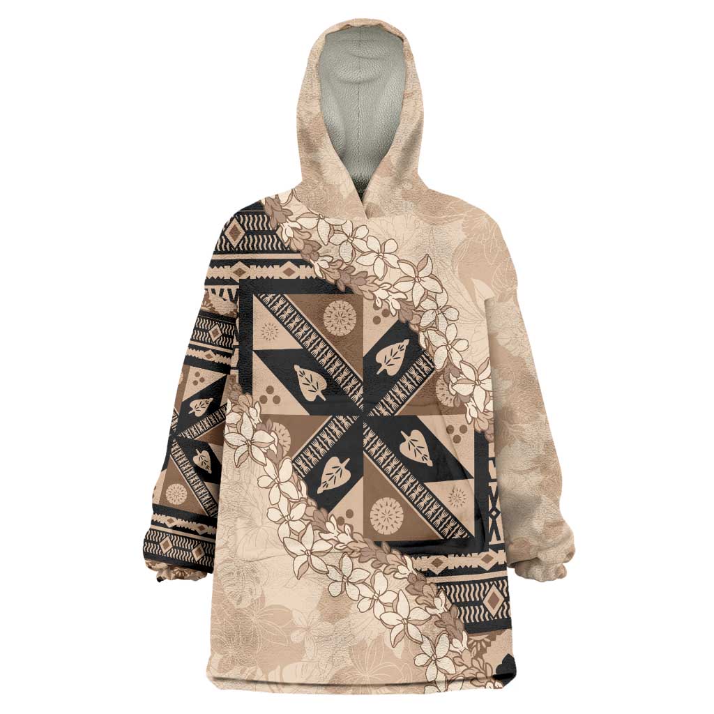 Bula Fiji Plumeria Tagimoucia Salusalu Beige Wearable Blanket Hoodie Kaiviti Masi LT7 One Size Beige - Polynesian Pride