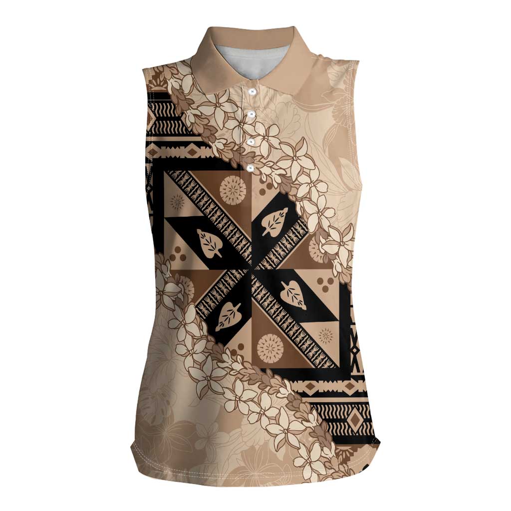 Bula Fiji Plumeria Tagimoucia Salusalu Beige Women Sleeveless Polo Shirt Kaiviti Masi LT7 Female Beige - Polynesian Pride