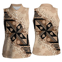 Bula Fiji Plumeria Tagimoucia Salusalu Beige Women Sleeveless Polo Shirt Kaiviti Masi LT7 - Polynesian Pride