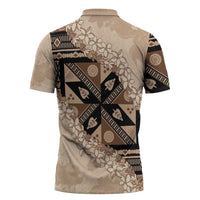 Bula Fiji Plumeria Tagimoucia Salusalu Beige Zipper Polo Shirt Kaiviti Masi LT7 - Polynesian Pride