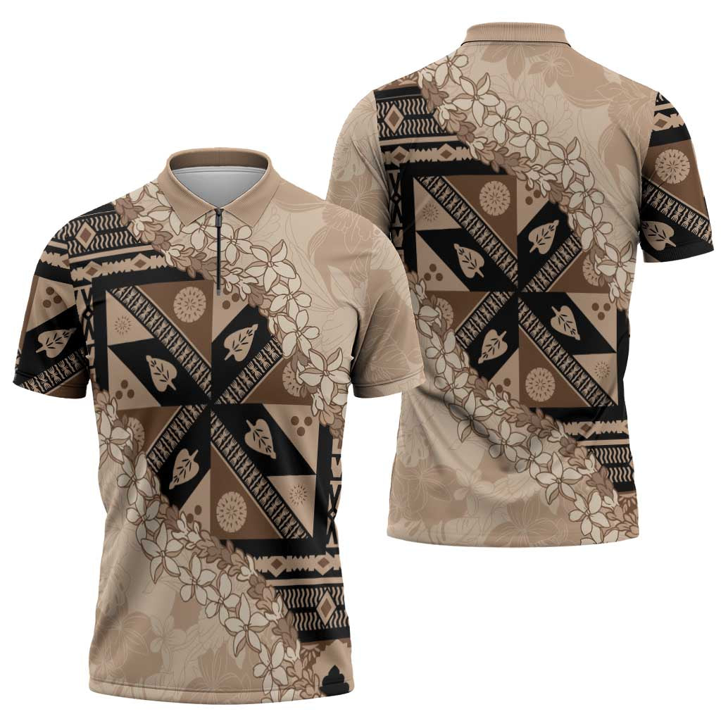Bula Fiji Plumeria Tagimoucia Salusalu Beige Zipper Polo Shirt Kaiviti Masi LT7 - Polynesian Pride