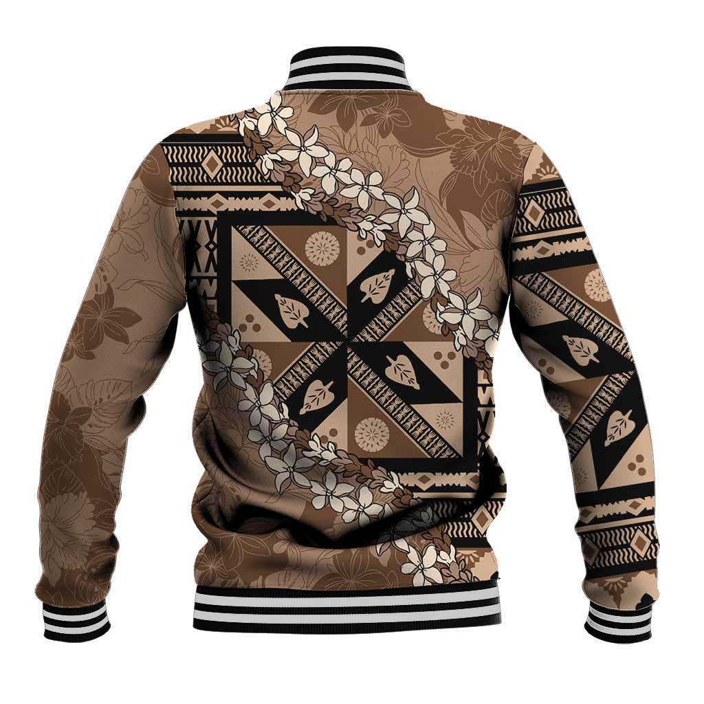 Bula Fiji Plumeria Tagimoucia Salusalu Mocha Baseball Jacket Kaiviti Masi LT7 - Polynesian Pride