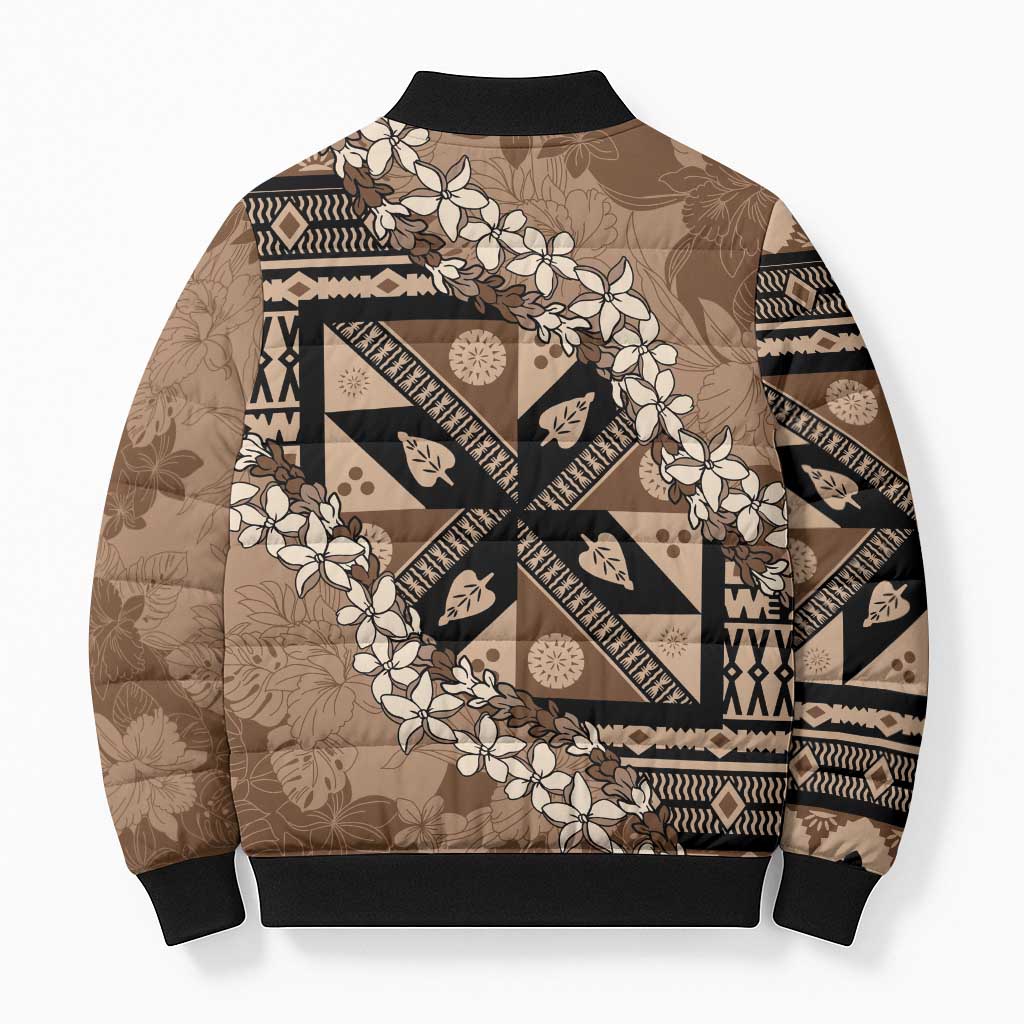 Bula Fiji Plumeria Tagimoucia Salusalu Mocha Bomber Puffer Jacket Kaiviti Masi LT7 - Polynesian Pride