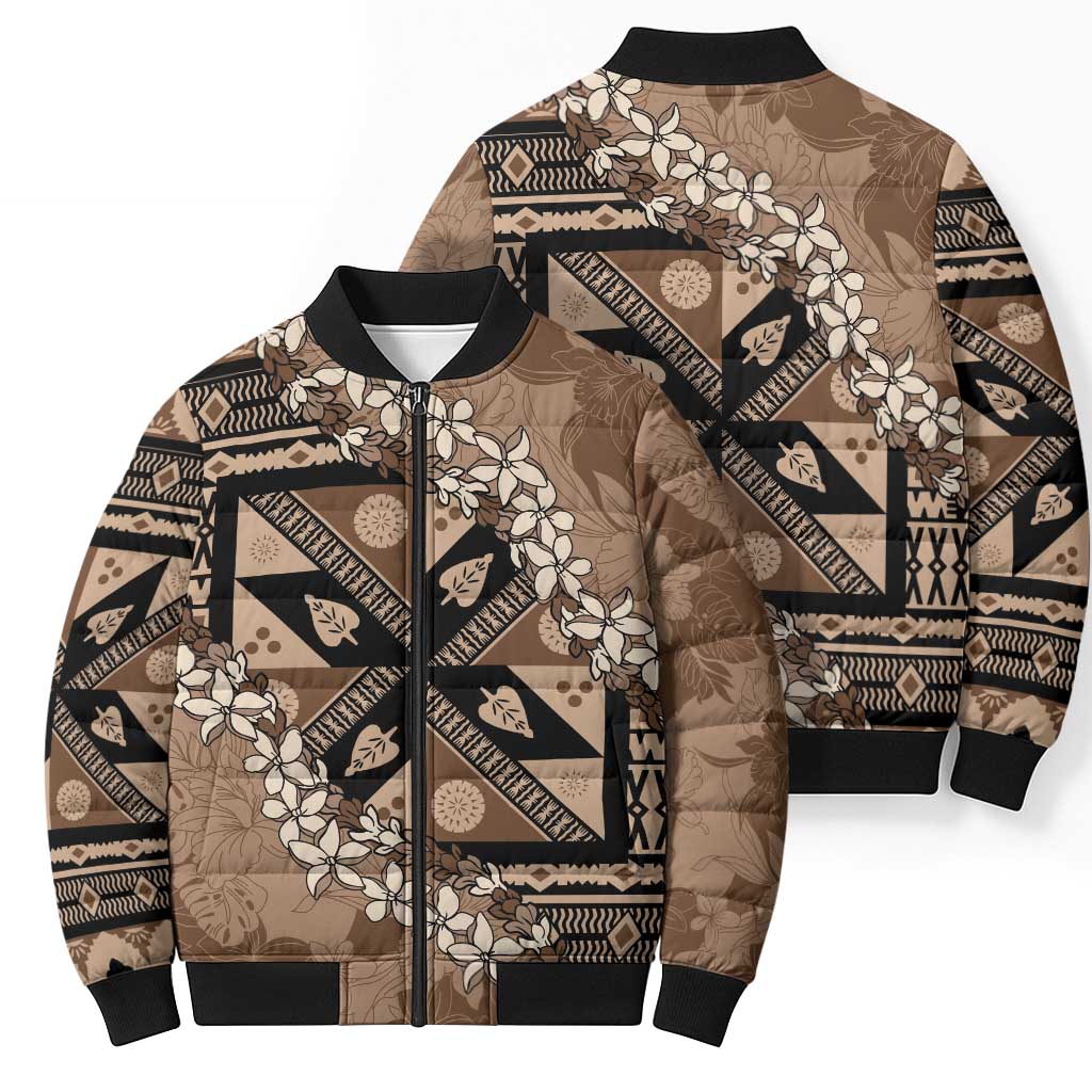Bula Fiji Plumeria Tagimoucia Salusalu Mocha Bomber Puffer Jacket Kaiviti Masi LT7 - Polynesian Pride