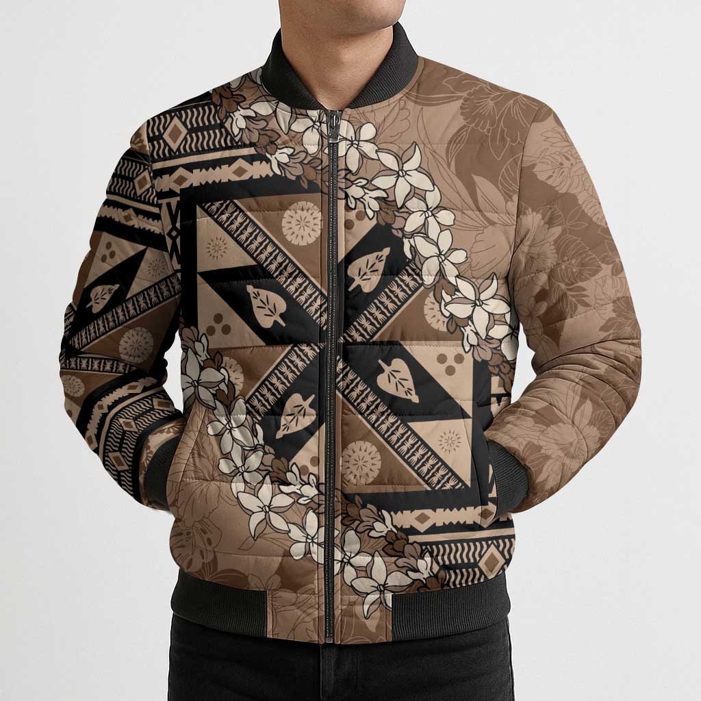 Bula Fiji Plumeria Tagimoucia Salusalu Mocha Bomber Puffer Jacket Kaiviti Masi LT7 - Polynesian Pride