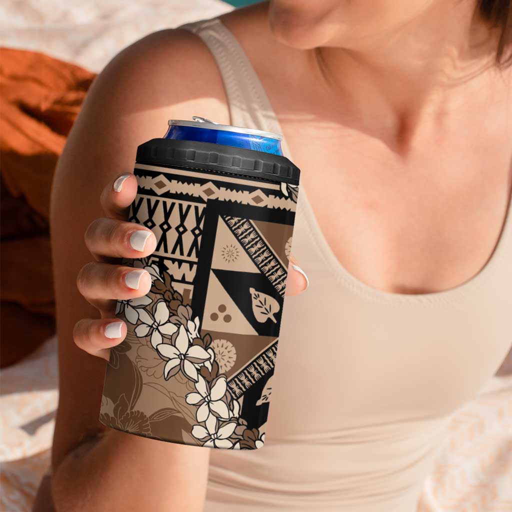Bula Fiji Plumeria Tagimoucia Salusalu Mocha 4 in 1 Can Cooler Tumbler Kaiviti Masi LT7 - Polynesian Pride
