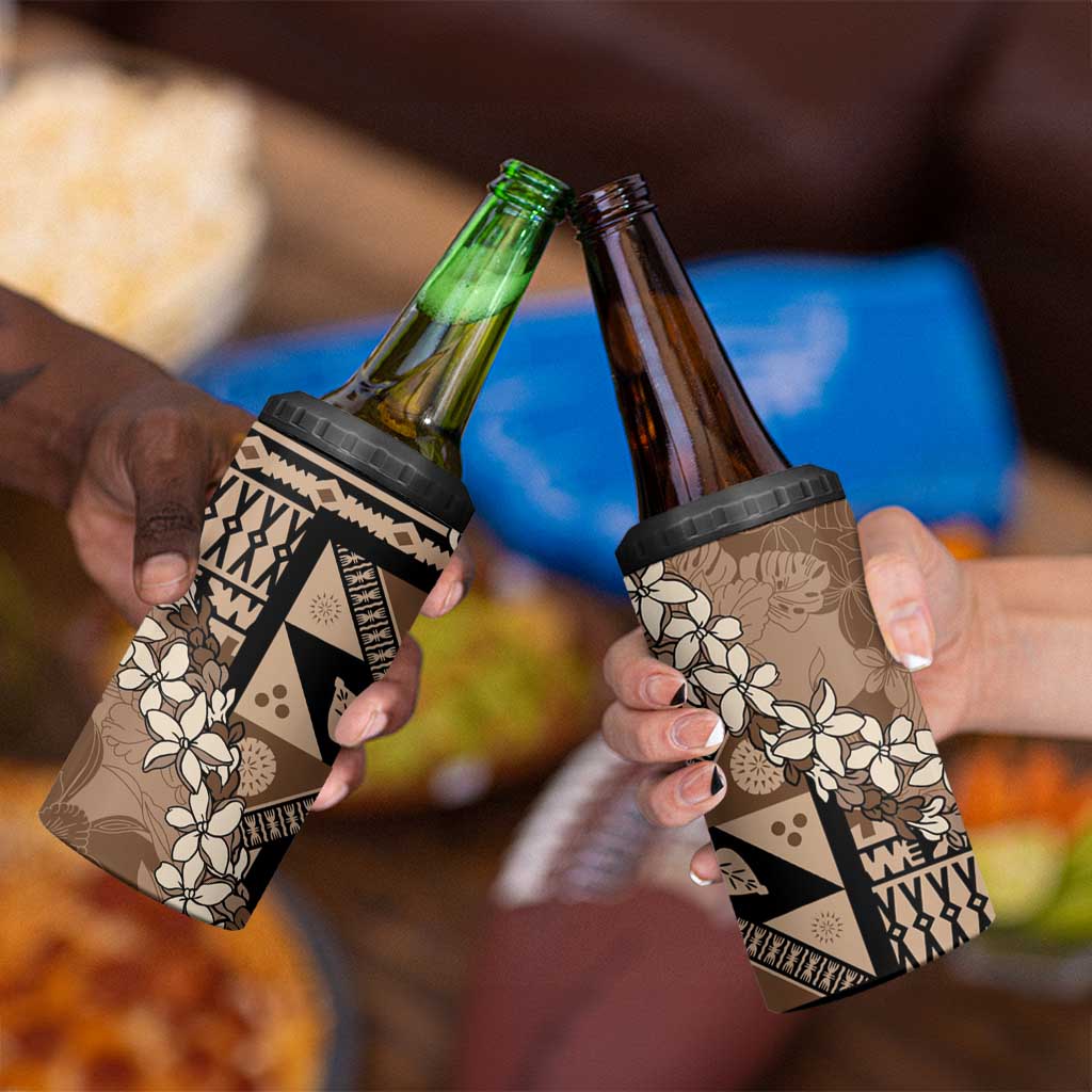 Bula Fiji Plumeria Tagimoucia Salusalu Mocha 4 in 1 Can Cooler Tumbler Kaiviti Masi LT7 - Polynesian Pride