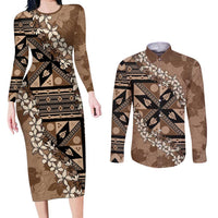 Bula Fiji Plumeria Tagimoucia Salusalu Mocha Couples Matching Long Sleeve Bodycon Dress and Long Sleeve Button Shirt Kaiviti Masi LT7 Mocha - Polynesian Pride