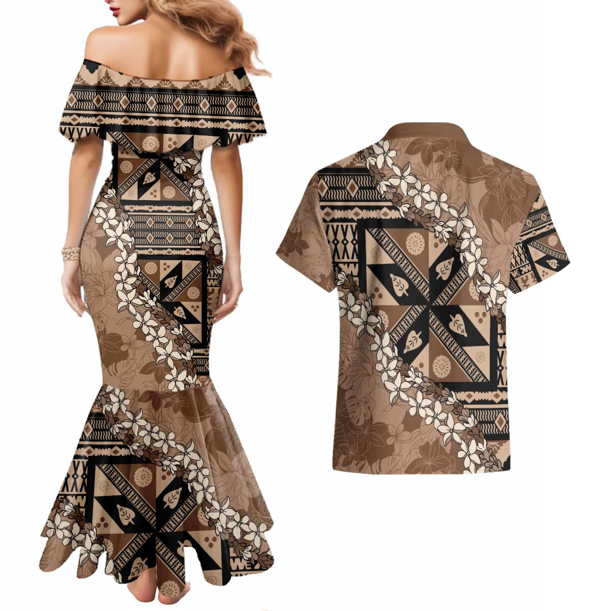 Bula Fiji Plumeria Tagimoucia Salusalu Mocha Couples Matching Mermaid Dress and Hawaiian Shirt Kaiviti Masi LT7 - Polynesian Pride