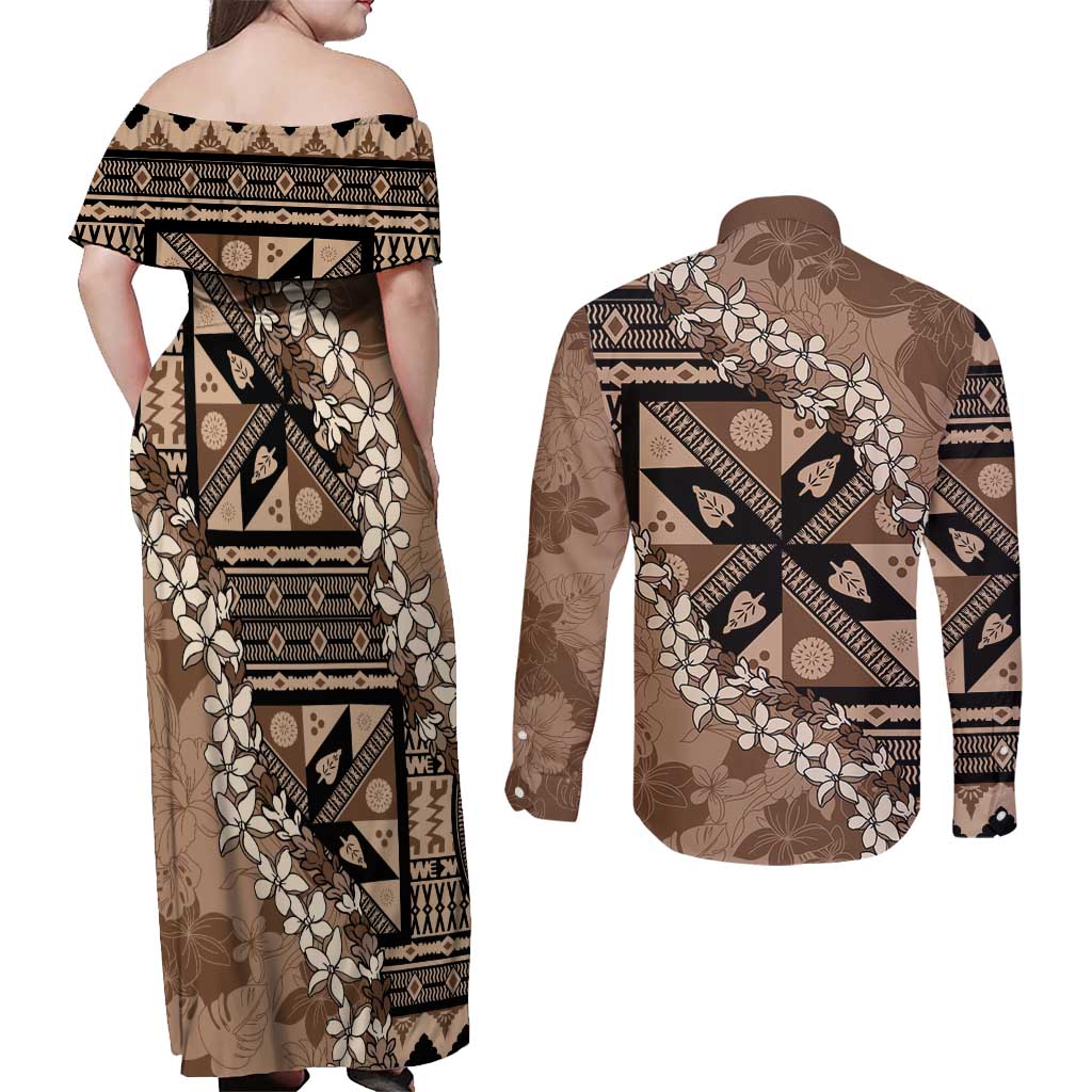 Bula Fiji Plumeria Tagimoucia Salusalu Mocha Couples Matching Off Shoulder Maxi Dress and Long Sleeve Button Shirt Kaiviti Masi LT7 - Polynesian Pride