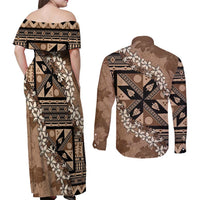Bula Fiji Plumeria Tagimoucia Salusalu Mocha Couples Matching Off Shoulder Maxi Dress and Long Sleeve Button Shirt Kaiviti Masi LT7 - Polynesian Pride