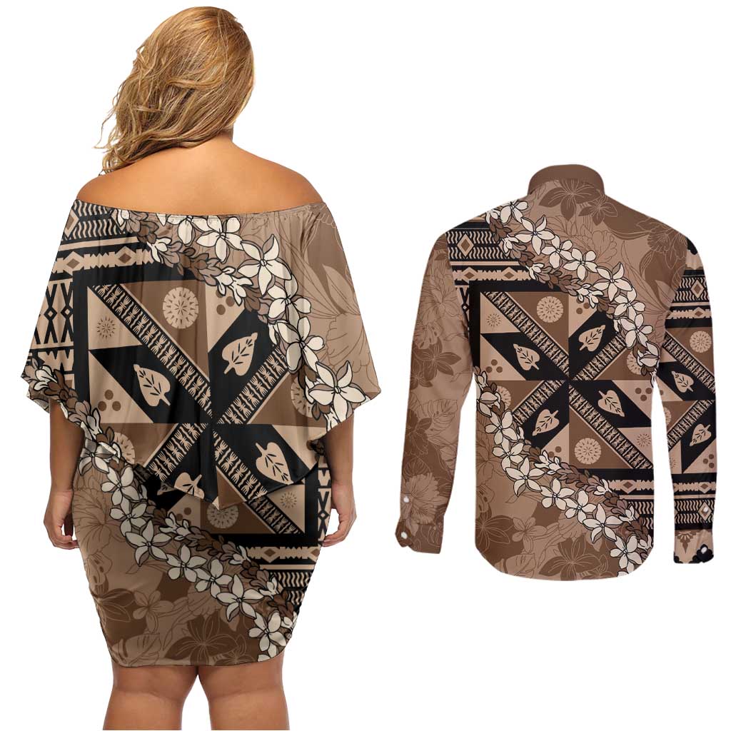 Bula Fiji Plumeria Tagimoucia Salusalu Mocha Couples Matching Off Shoulder Short Dress and Long Sleeve Button Shirt Kaiviti Masi LT7 - Polynesian Pride