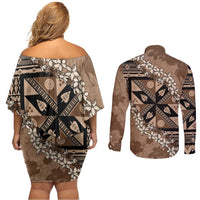 Bula Fiji Plumeria Tagimoucia Salusalu Mocha Couples Matching Off Shoulder Short Dress and Long Sleeve Button Shirt Kaiviti Masi LT7 - Polynesian Pride