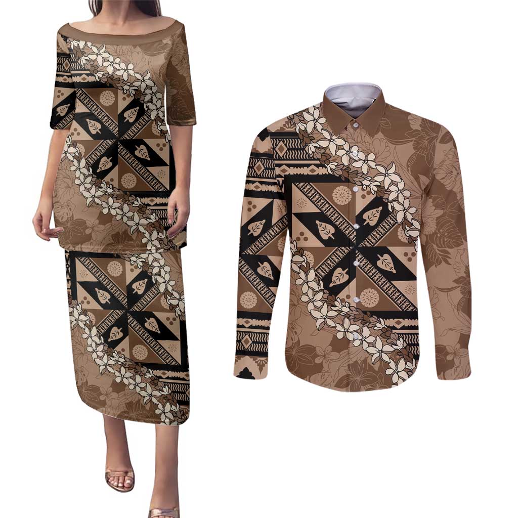 Bula Fiji Plumeria Tagimoucia Salusalu Mocha Couples Matching Puletasi and Long Sleeve Button Shirt Kaiviti Masi LT7 Mocha - Polynesian Pride