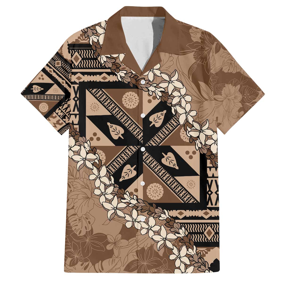 Bula Fiji Plumeria Tagimoucia Salusalu Mocha Family Matching Off The Shoulder Long Sleeve Dress and Hawaiian Shirt Kaiviti Masi LT7 Dad's Shirt - Short Sleeve Mocha - Polynesian Pride