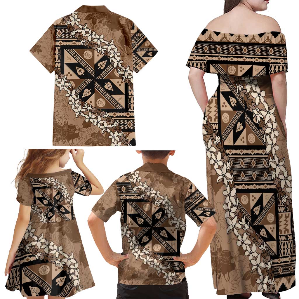 Bula Fiji Plumeria Tagimoucia Salusalu Mocha Family Matching Off Shoulder Maxi Dress and Hawaiian Shirt Kaiviti Masi LT7 - Polynesian Pride
