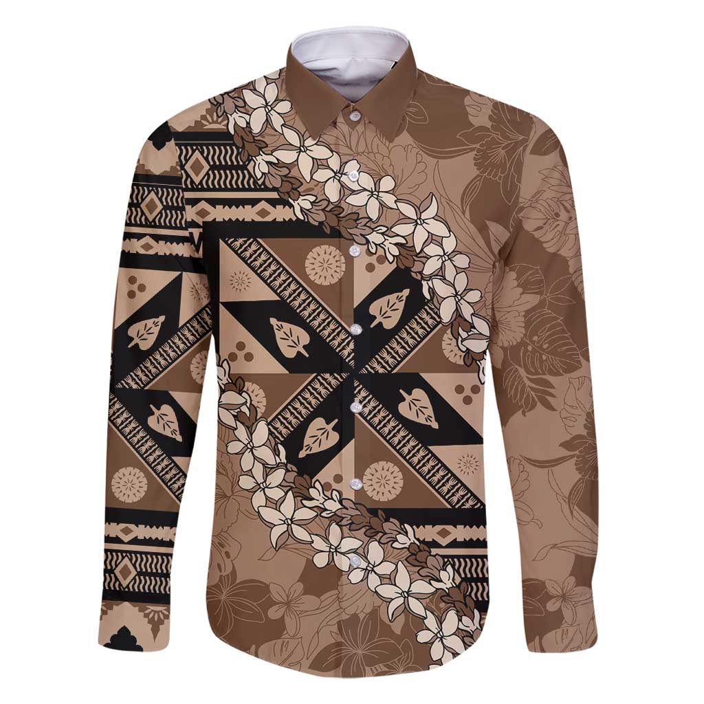Bula Fiji Plumeria Tagimoucia Salusalu Mocha Family Matching Off Shoulder Maxi Dress and Hawaiian Shirt Kaiviti Masi LT7 Dad's Shirt - Long Sleeve Mocha - Polynesian Pride