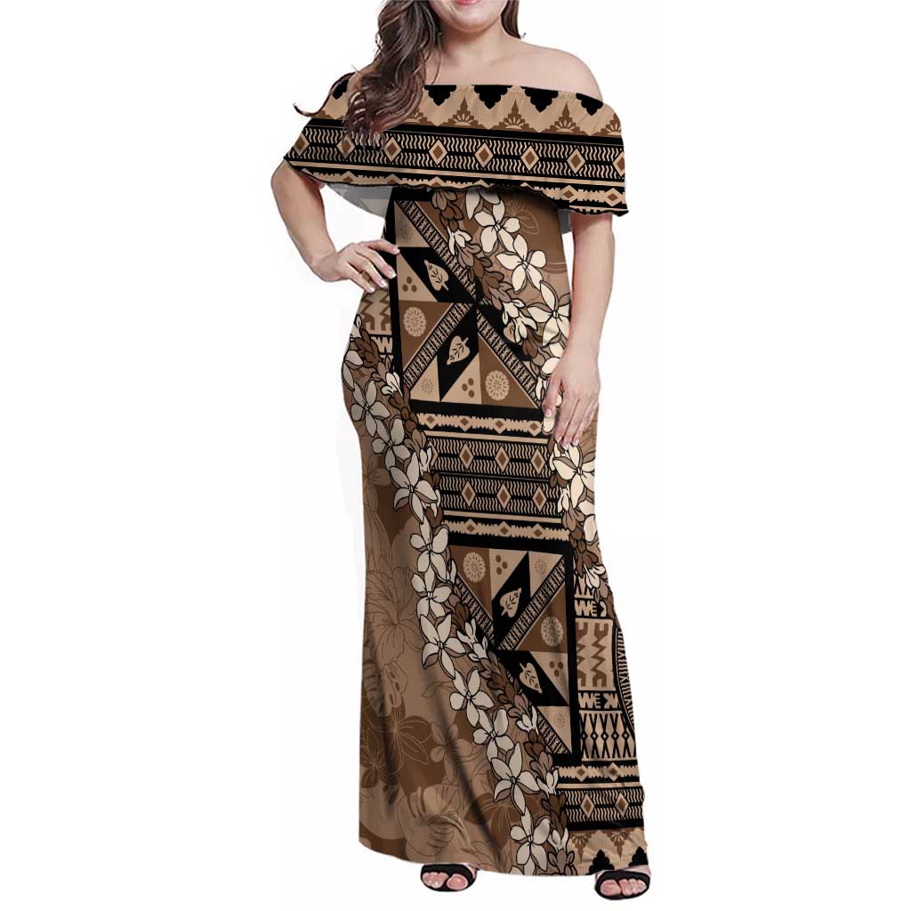 Bula Fiji Plumeria Tagimoucia Salusalu Mocha Family Matching Off Shoulder Maxi Dress and Hawaiian Shirt Kaiviti Masi LT7 Mom's Dress Mocha - Polynesian Pride