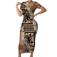 Bula Fiji Plumeria Tagimoucia Salusalu Mocha Family Matching Short Sleeve Bodycon Dress and Hawaiian Shirt Kaiviti Masi LT7 Mom's Dress Mocha - Polynesian Pride