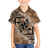 Bula Fiji Plumeria Tagimoucia Salusalu Mocha Family Matching Short Sleeve Bodycon Dress and Hawaiian Shirt Kaiviti Masi LT7 Son's Shirt Mocha - Polynesian Pride