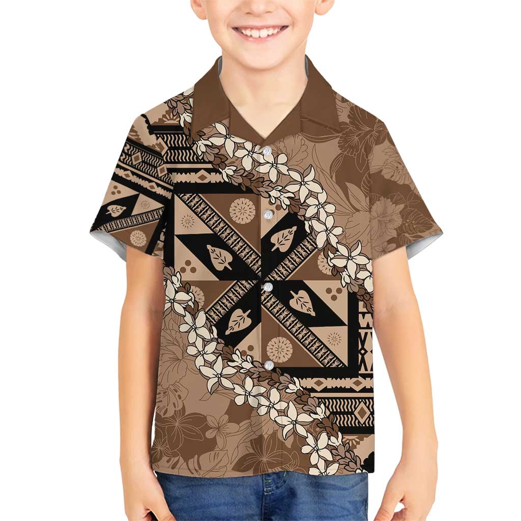Bula Fiji Plumeria Tagimoucia Salusalu Mocha Family Matching Summer Maxi Dress and Hawaiian Shirt Kaiviti Masi LT7 Son's Shirt Mocha - Polynesian Pride