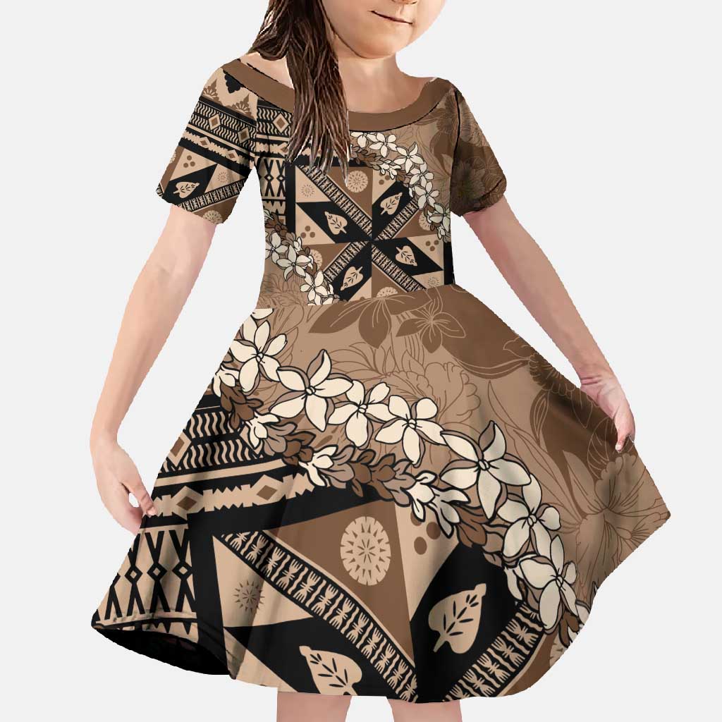 Bula Fiji Plumeria Tagimoucia Salusalu Mocha Family Matching Tank Maxi Dress and Hawaiian Shirt Kaiviti Masi LT7 Daughter's Dress Mocha - Polynesian Pride