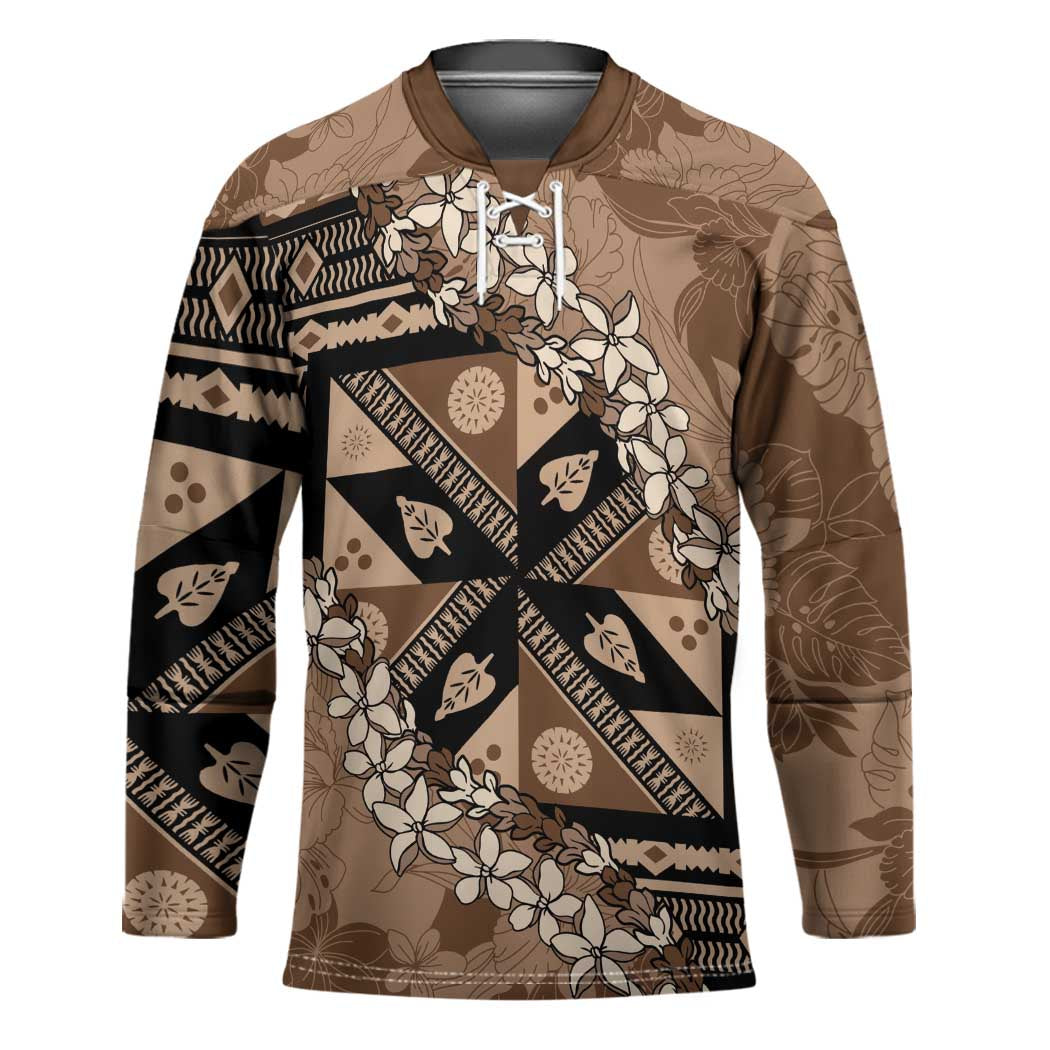 Bula Fiji Plumeria Tagimoucia Salusalu Mocha Hockey Jersey Kaiviti Masi - Polynesian Pride
