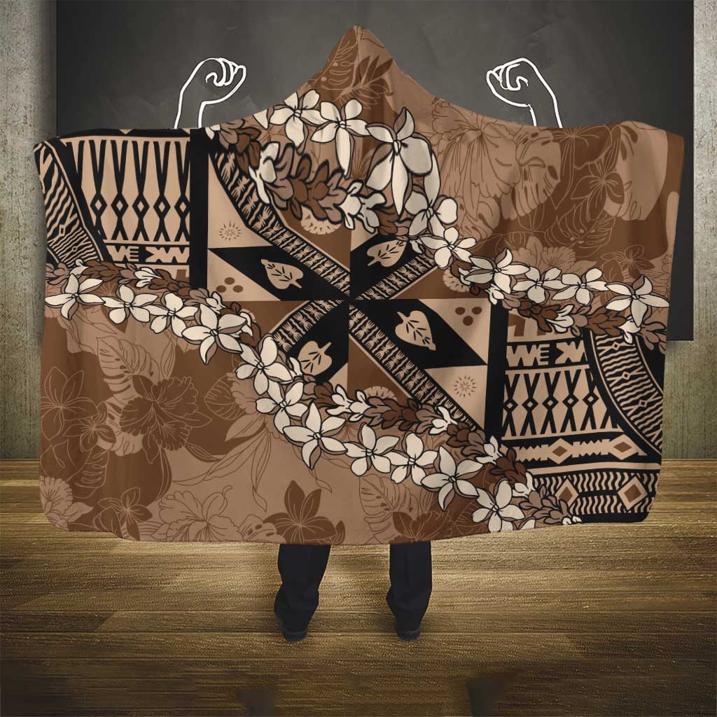 Bula Fiji Plumeria Tagimoucia Salusalu Mocha Hooded Blanket Kaiviti Masi LT7 - Polynesian Pride