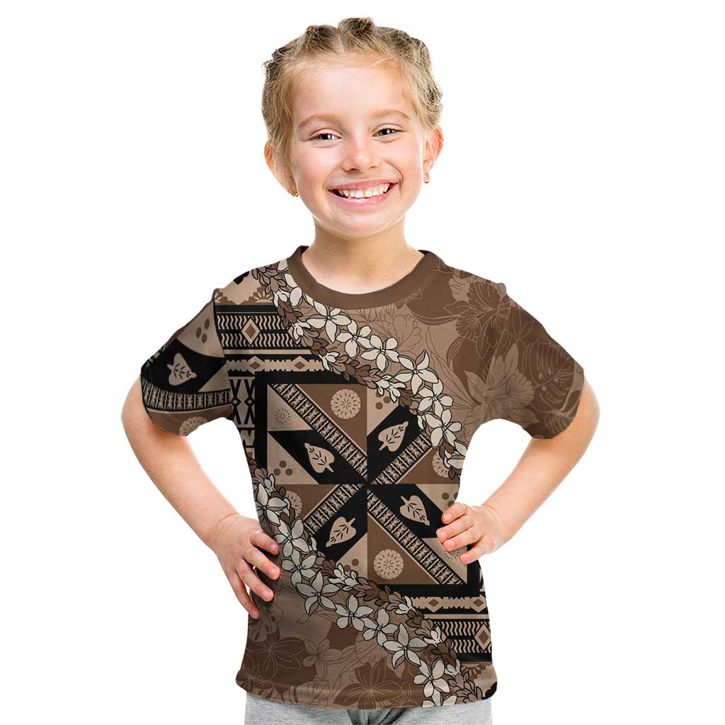 Bula Fiji Plumeria Tagimoucia Salusalu Mocha Kid T Shirt Kaiviti Masi LT7 Mocha - Polynesian Pride