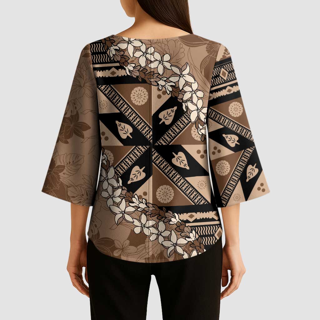 Bula Fiji Plumeria Tagimoucia Salusalu Mocha Kimono Sleeve Blouse Kaiviti Masi LT7 - Polynesian Pride