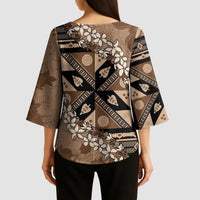 Bula Fiji Plumeria Tagimoucia Salusalu Mocha Kimono Sleeve Blouse Kaiviti Masi LT7 - Polynesian Pride