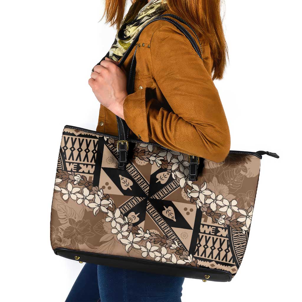 Bula Fiji Plumeria Tagimoucia Salusalu Mocha Leather Tote Bag Kaiviti Masi LT7 Mocha - Polynesian Pride