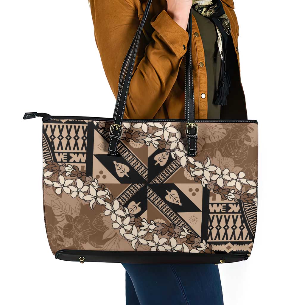 Bula Fiji Plumeria Tagimoucia Salusalu Mocha Leather Tote Bag Kaiviti Masi LT7 - Polynesian Pride