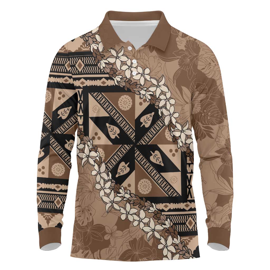 Bula Fiji Plumeria Tagimoucia Salusalu Mocha Long Sleeve Polo Shirt Kaiviti Masi LT7 Mocha - Polynesian Pride
