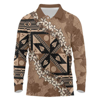 Bula Fiji Plumeria Tagimoucia Salusalu Mocha Long Sleeve Polo Shirt Kaiviti Masi LT7 Mocha - Polynesian Pride