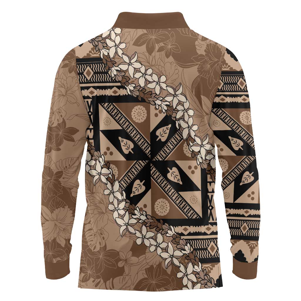 Bula Fiji Plumeria Tagimoucia Salusalu Mocha Long Sleeve Polo Shirt Kaiviti Masi LT7 - Polynesian Pride
