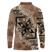Bula Fiji Plumeria Tagimoucia Salusalu Mocha Long Sleeve Polo Shirt Kaiviti Masi LT7 - Polynesian Pride