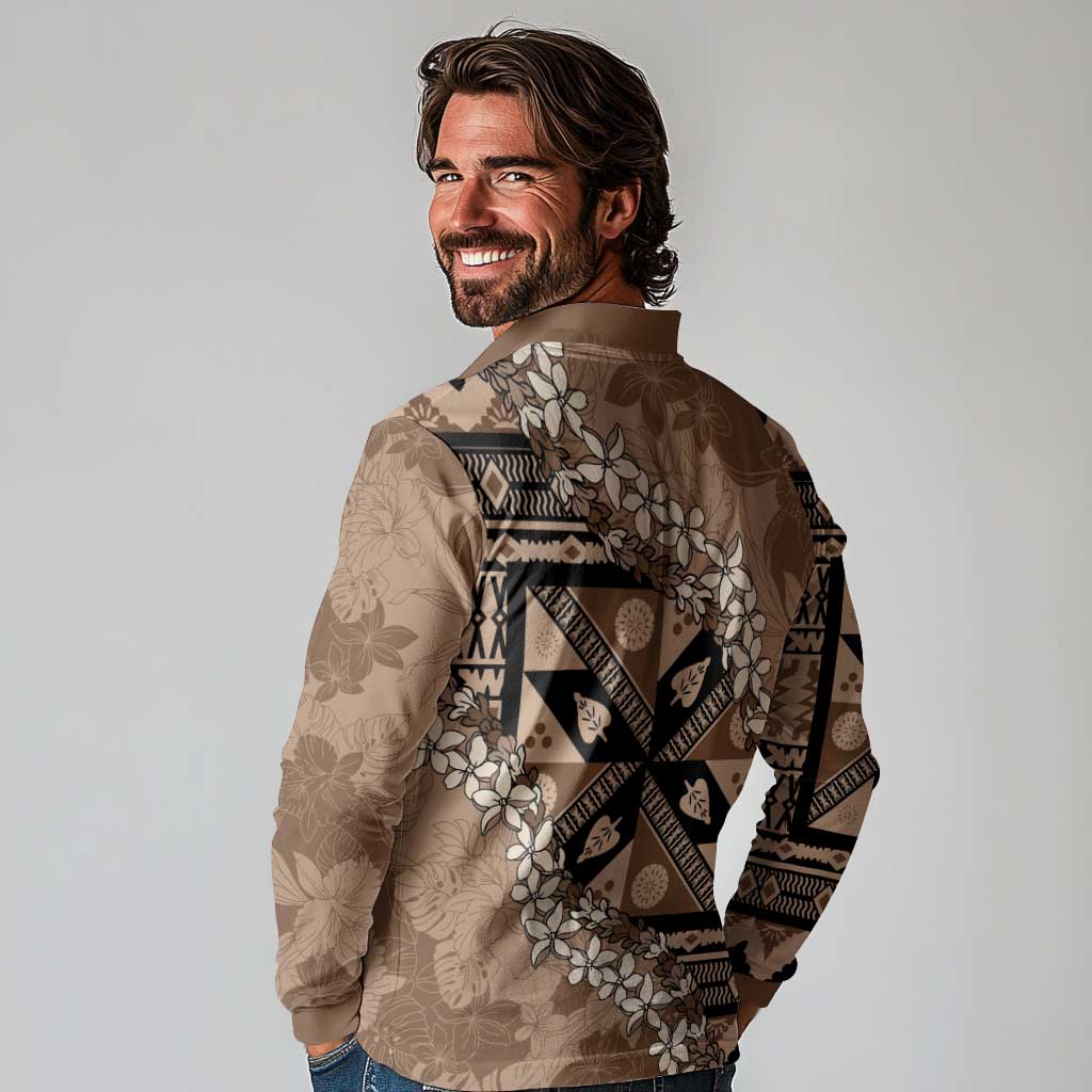 Bula Fiji Plumeria Tagimoucia Salusalu Mocha Long Sleeve Polo Shirt Kaiviti Masi LT7 - Polynesian Pride