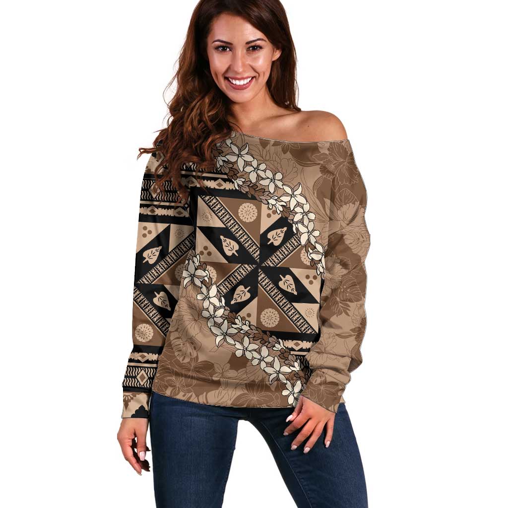 Bula Fiji Plumeria Tagimoucia Salusalu Mocha Off Shoulder Sweater Kaiviti Masi - Polynesian Pride