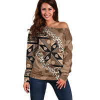 Bula Fiji Plumeria Tagimoucia Salusalu Mocha Off Shoulder Sweater Kaiviti Masi LT7 Women Mocha - Polynesian Pride