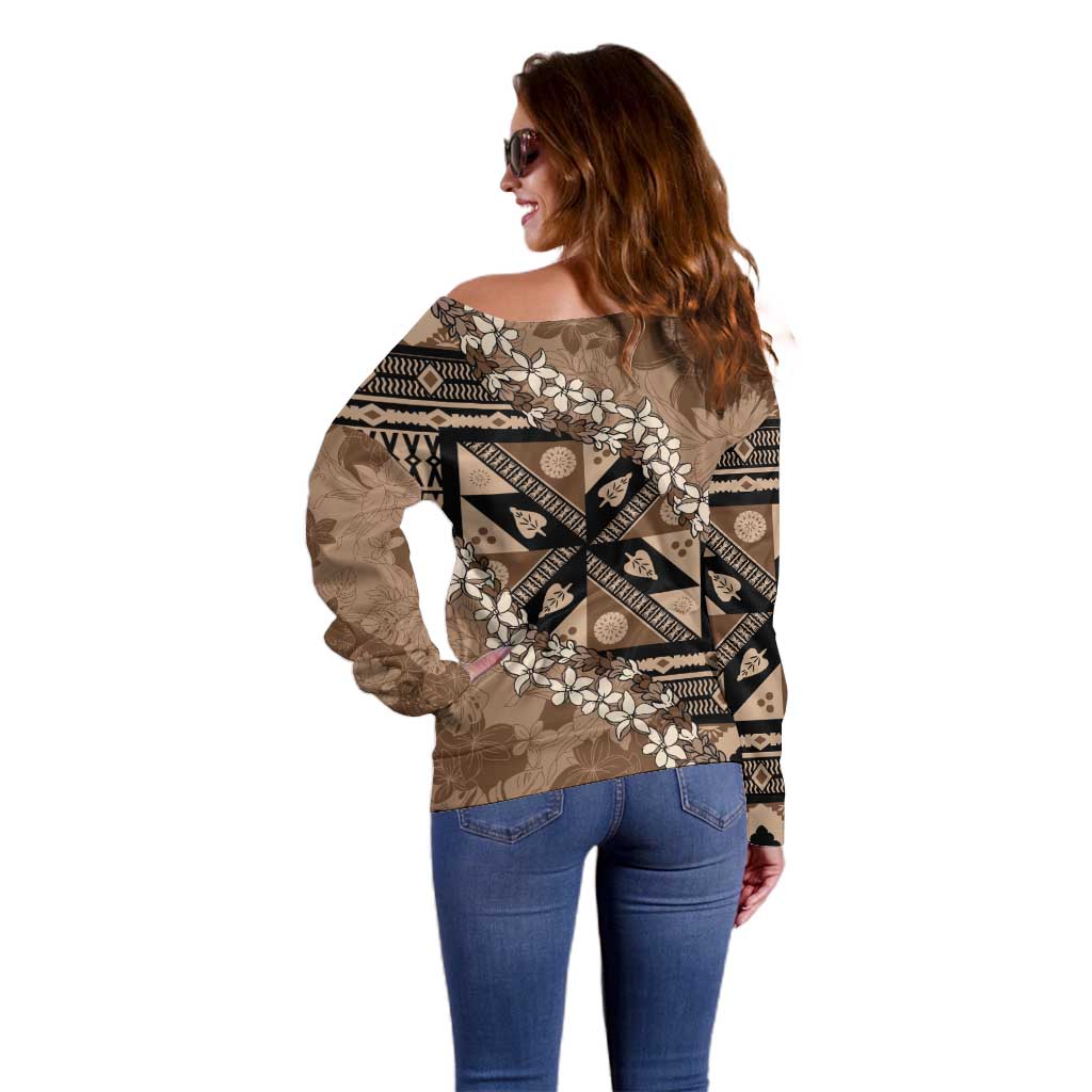 Bula Fiji Plumeria Tagimoucia Salusalu Mocha Off Shoulder Sweater Kaiviti Masi LT7 - Polynesian Pride
