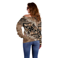 Bula Fiji Plumeria Tagimoucia Salusalu Mocha Off Shoulder Sweater Kaiviti Masi LT7 - Polynesian Pride