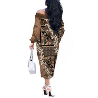Bula Fiji Plumeria Tagimoucia Salusalu Mocha Off The Shoulder Long Sleeve Dress Kaiviti Masi LT7 - Polynesian Pride